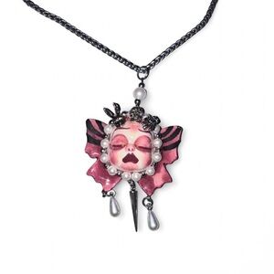 Handcrafted Pink ceramic Art Doll Face Pendant Necklace